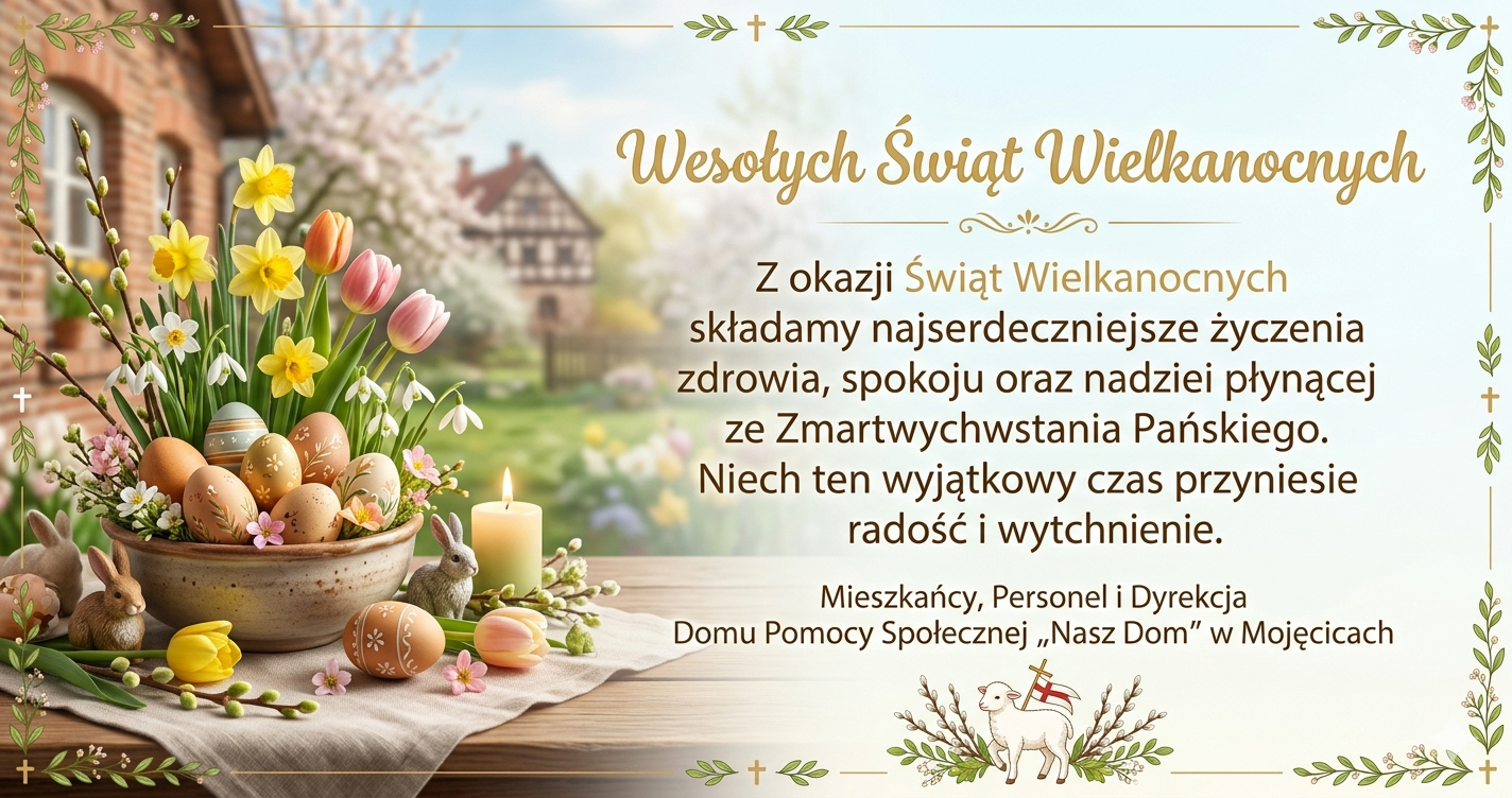 Kartka z życzeniami wielkanocnymi kwiaty żółte i różowe jajeczka w koszyku na niebieskim tle treść życzeń 